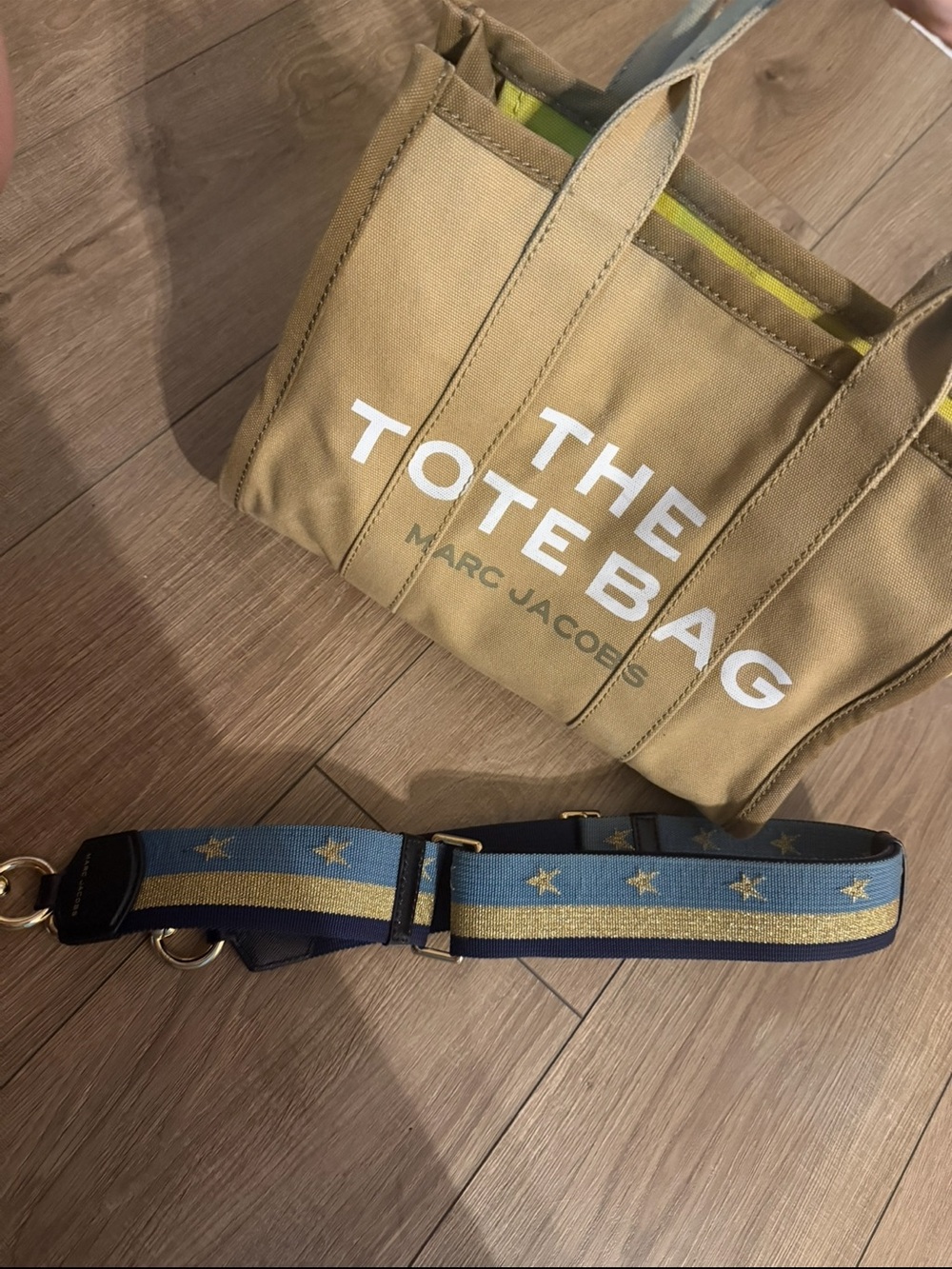 Marc Jacobs Tan Canvas Tote with Blue and Gold Star Strap